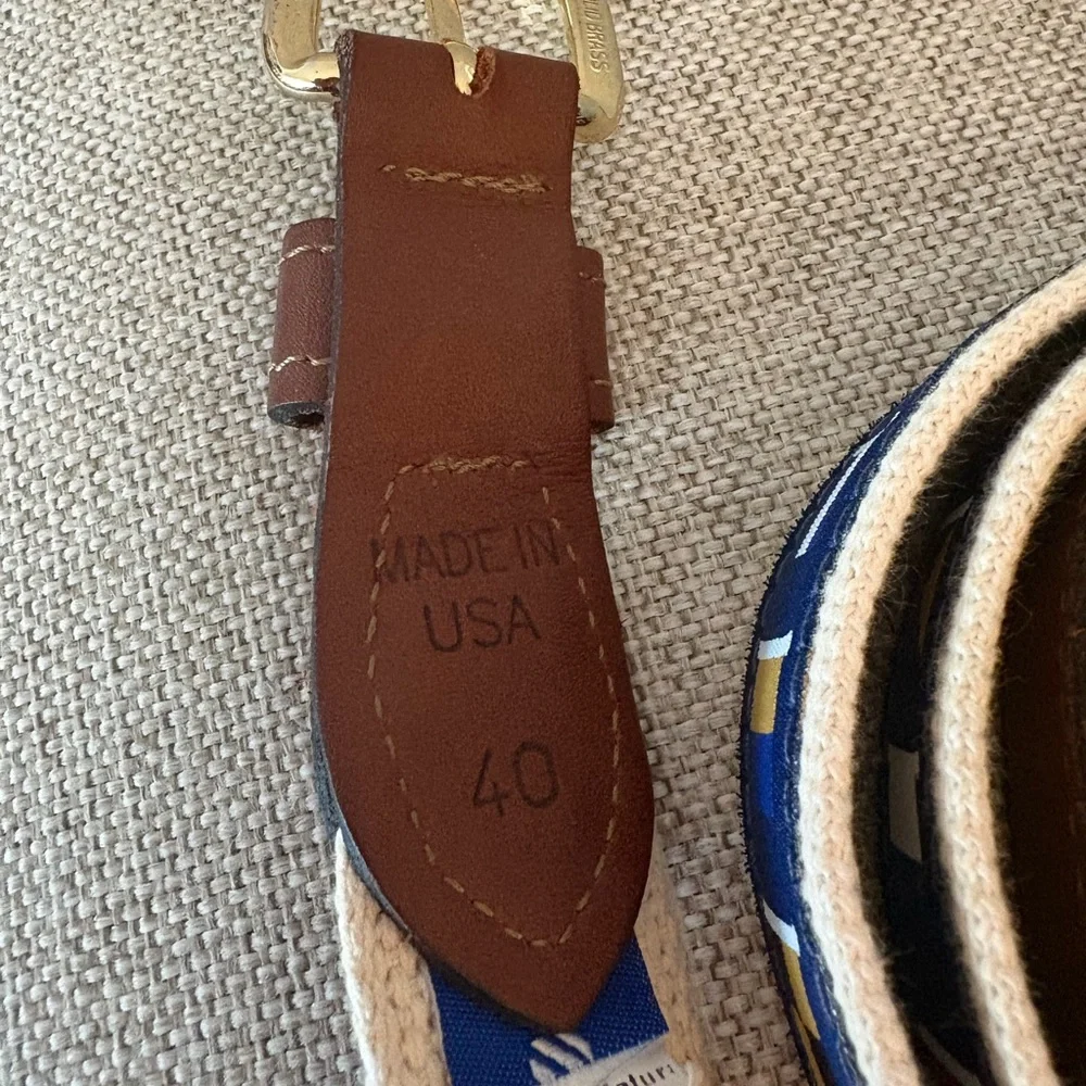 Navy Nautical Ribbon Canvas Belt with Brown Leather Trim